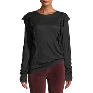 Frame Ruffled Linen Tee Womens Medium Black Long Sleeve Neutral Blouse Boho Chic